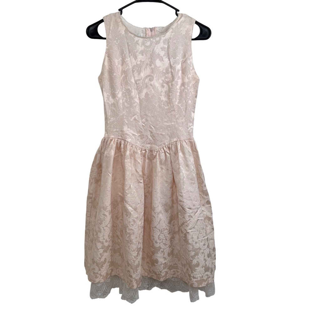 Jessica McClintock Girls 14 Pink‎ Jacquard Party Dress Pearl Lace Hem Vintage
